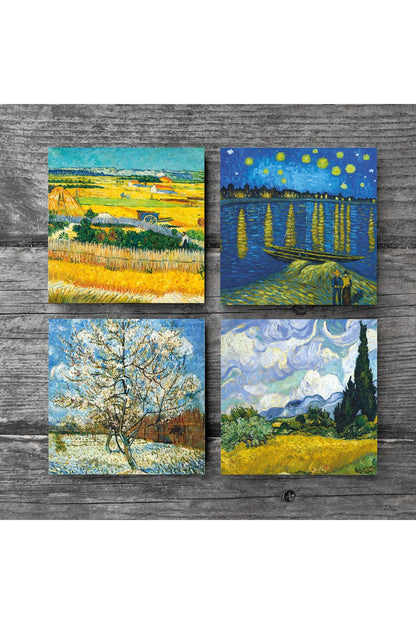 Pinecone Van Gogh Buğday Tarlası, Şeftali Ağacı, Hasat Manzarası, Ren Nehri’nde Bir Gece Taş Bardak Altlığı Seti - 4 Parça - Dekoratif, Rustik Mutfak Aksesuarı, 10x10 cm, Kaydırmaz TabanlıSC267