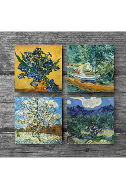 Pinecone Van Gogh Zeytin Ağaçları, Şeftali Ağacı, Süsenler, Oise Bankası Taş Bardak Altlığı Seti - 4 Parça - Dekoratif, Rustik Mutfak Aksesuarı, 10x10 cm, Kaydırmaz Tabanlı, Şık ve Dayanıklı SC269