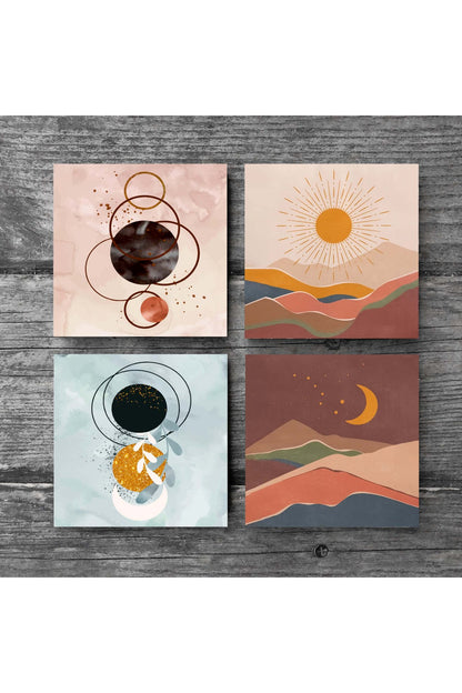 Pinecone Minimalist Soyut, Bohem Taş Bardak Altlığı Seti - 4 Parça - Dekoratif, Rustik Mutfak Aksesuarı, 10x10 cm, Kaydırmaz Tabanlı, Şık ve Dayanıklı SC271
