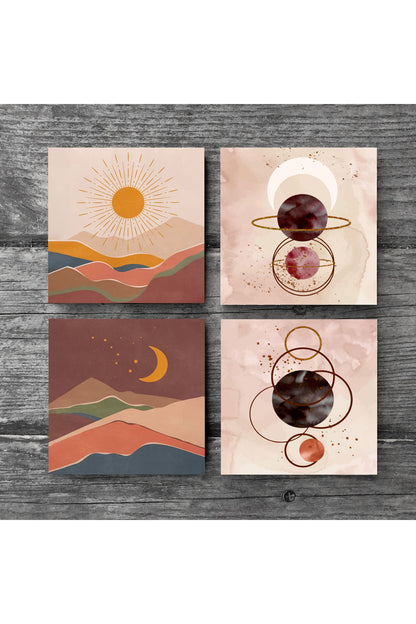 Pinecone Minimalist Soyut, Bohem Taş Bardak Altlığı Seti - 4 Parça - Dekoratif, Rustik Mutfak Aksesuarı, 10x10 cm, Kaydırmaz Tabanlı, Şık ve Dayanıklı SC274