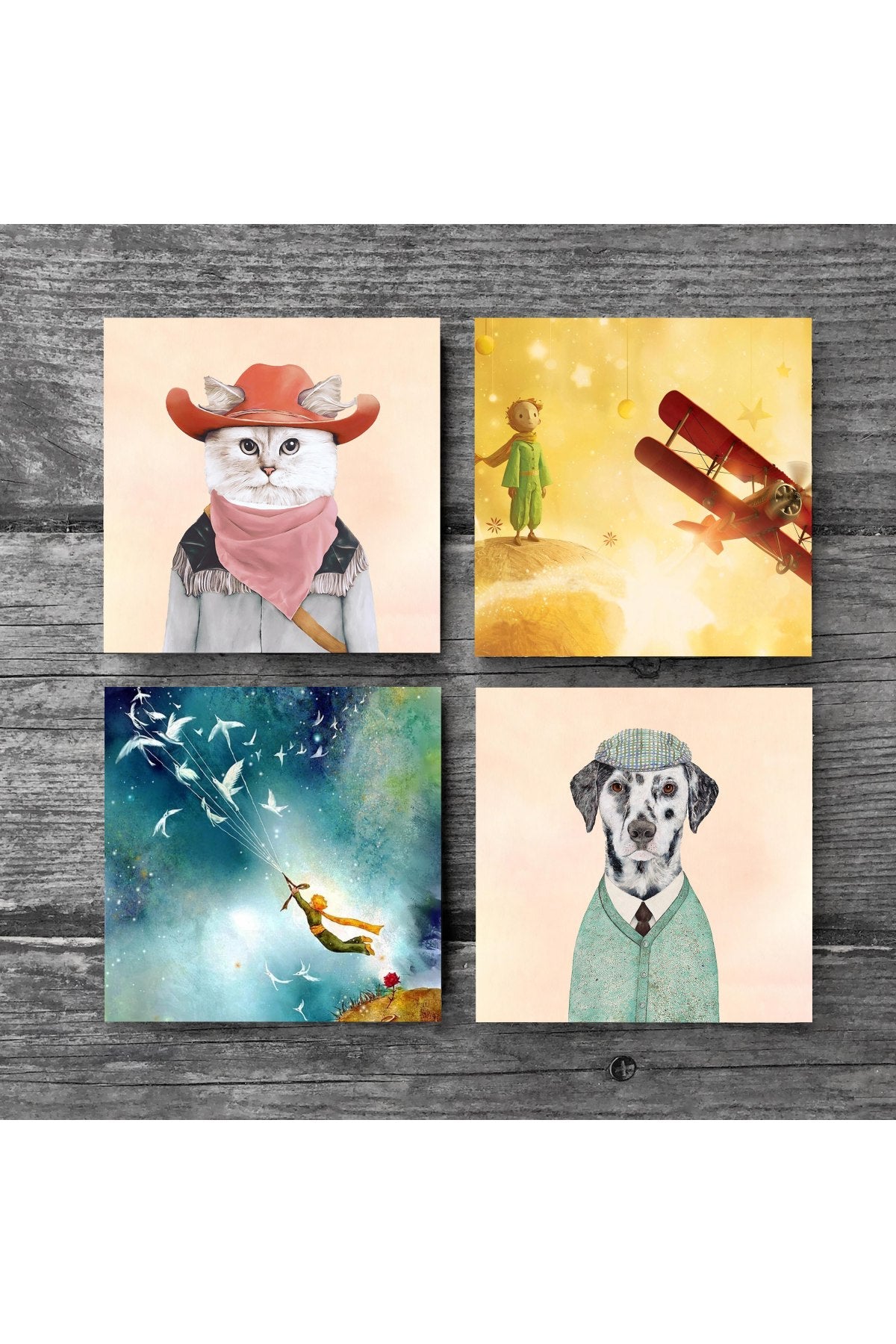 Pinecone Küçük Prens, Köpek, Kedi Taş Bardak Altlığı Seti - 4 Parça - Dekoratif, Rustik Mutfak Aksesuarı, 10x10 cm, Kaydırmaz Tabanlı, Şık ve Dayanıklı SC288