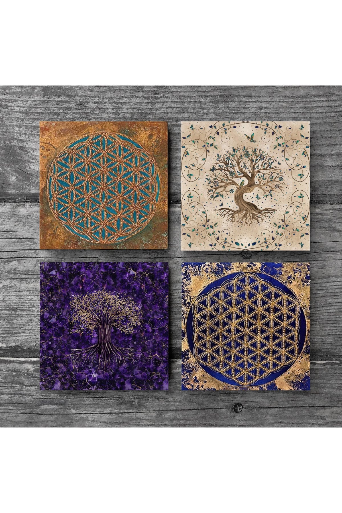 Pinecone Yaşam Çiçeği, Hayat Ağacı Taş Bardak Altlığı Seti - 4 Parça - Dekoratif, Rustik Mutfak Aksesuarı, 10x10 cm, Kaydırmaz Tabanlı, Şık ve Dayanıklı SC290