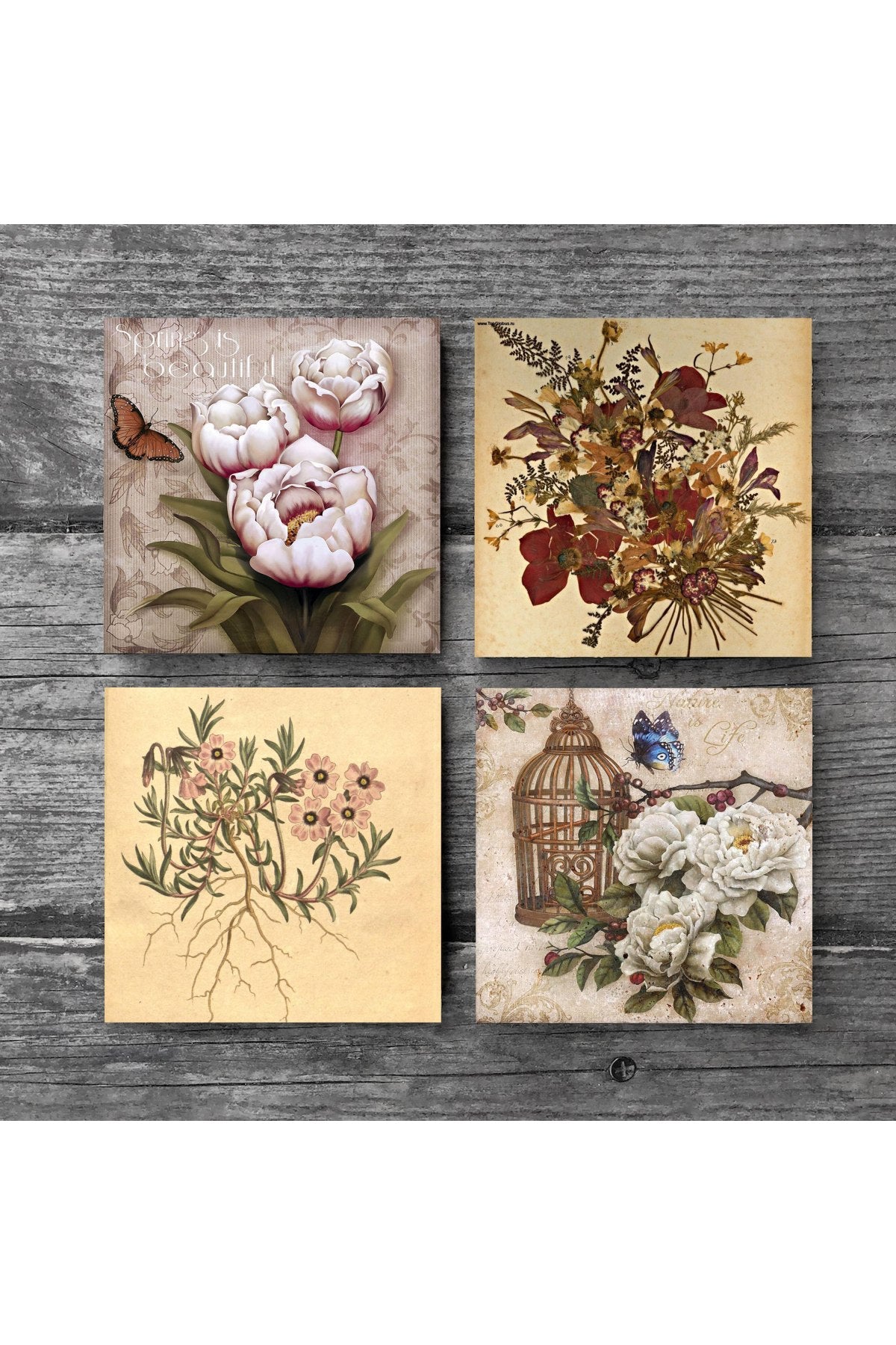 Pinecone Vintage Çiçek, Kelebekli Çiçek Taş Bardak Altlığı Seti - 4 Parça - Dekoratif, Rustik Mutfak Aksesuarı, 10x10 cm, Kaydırmaz Tabanlı, Şık ve Dayanıklı SC291
