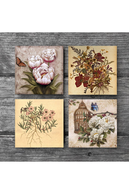 Pinecone Vintage Çiçek, Kelebekli Çiçek Taş Bardak Altlığı Seti - 4 Parça - Dekoratif, Rustik Mutfak Aksesuarı, 10x10 cm, Kaydırmaz Tabanlı, Şık ve Dayanıklı SC291