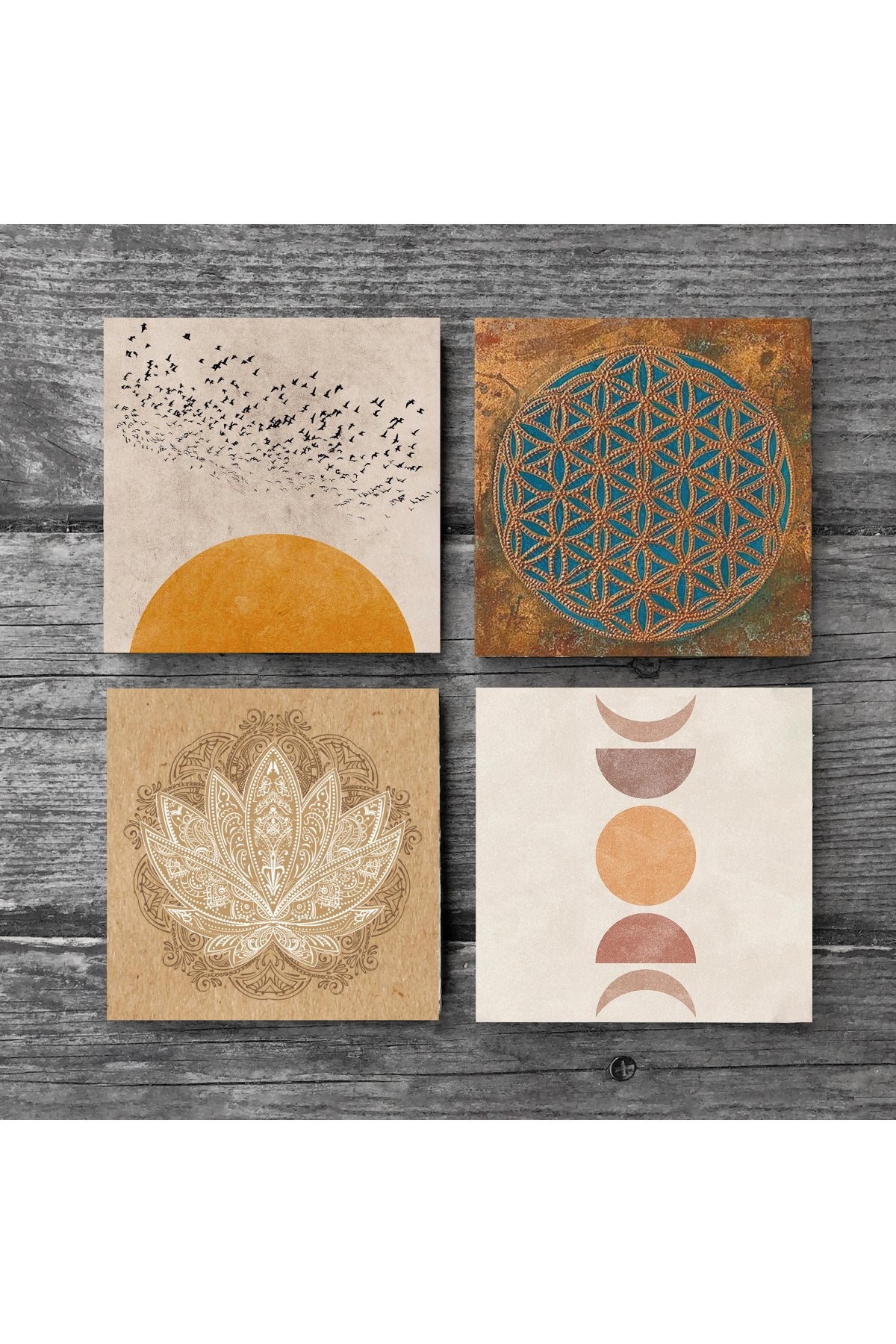 Pinecone Minimalist, Yaşam Çiçeği, Soyut, Lotus Çiçeği Taş Bardak Altlığı Seti - 4 Parça - Dekoratif, Rustik Mutfak Aksesuarı, 10x10 cm, Kaydırmaz Tabanlı, Şık ve Dayanıklı SC293
