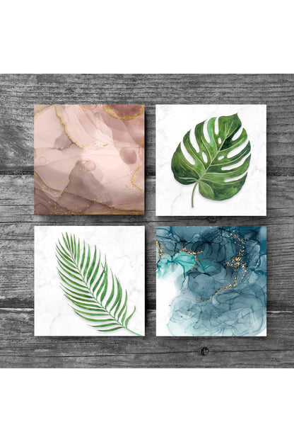 Pinecone Yaprak, Soyut Sanat Taş Bardak Altlığı Seti - 4 Parça - Dekoratif, Rustik Mutfak Aksesuarı, 10x10 cm, Kaydırmaz Tabanlı, Şık ve Dayanıklı SC295