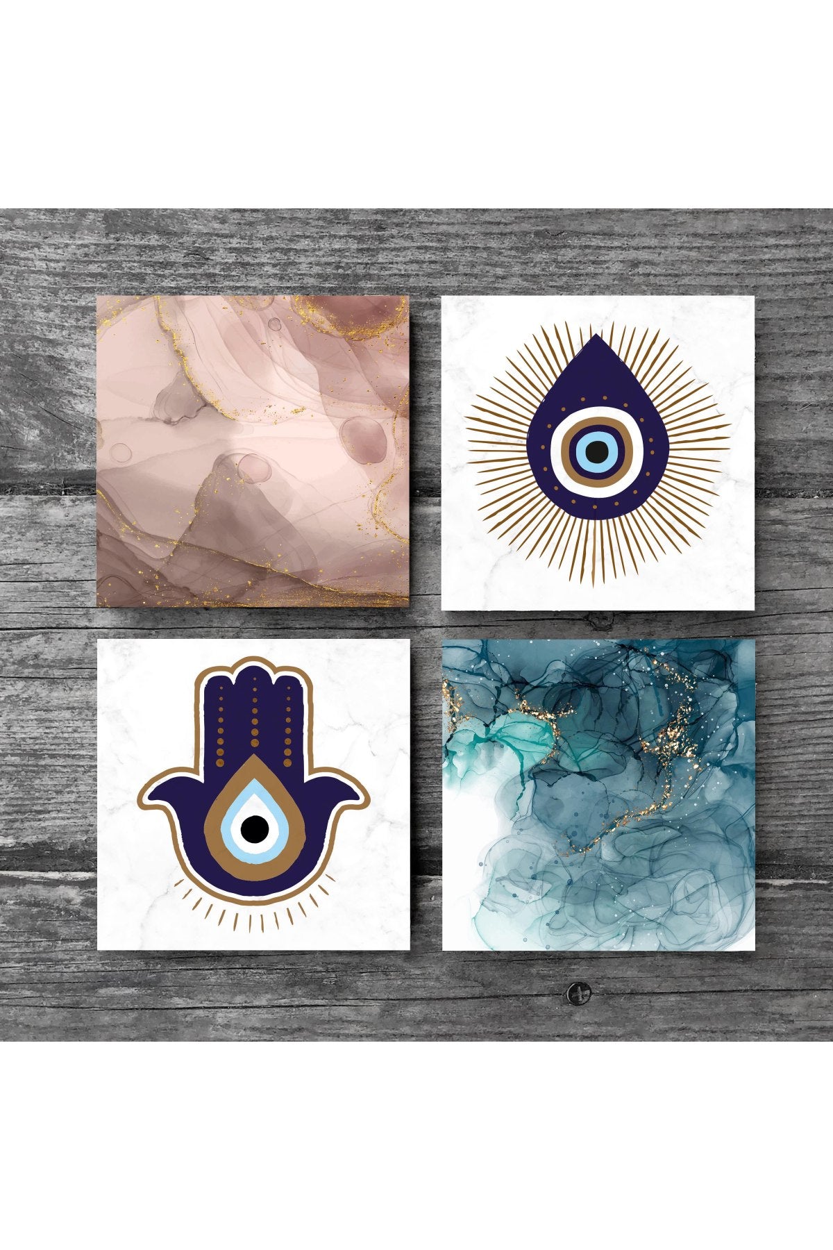 Pinecone Fatma Ana Eli (Hamsa), Nazar, Soyut Sanat Taş Bardak Altlığı Seti - 4 Parça - Dekoratif, Rustik Mutfak Aksesuarı, 10x10 cm, Kaydırmaz Tabanlı, Şık ve Dayanıklı SC297