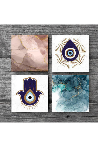 Pinecone Fatma Ana Eli (Hamsa), Nazar, Soyut Sanat Taş Bardak Altlığı Seti - 4 Parça - Dekoratif, Rustik Mutfak Aksesuarı, 10x10 cm, Kaydırmaz Tabanlı, Şık ve Dayanıklı SC297