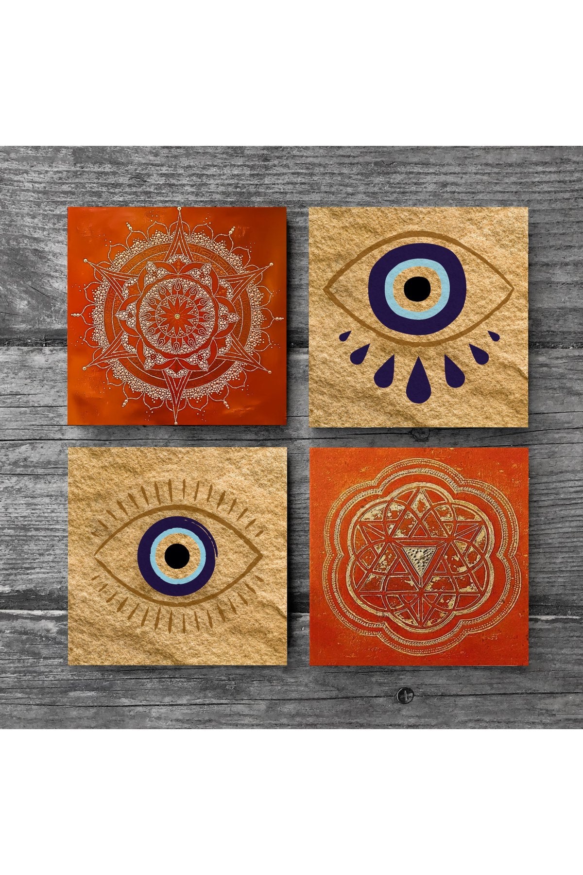 Pinecone Nazar, Sri Yantra, Mandala Taş Bardak Altlığı Seti - 4 Parça - Dekoratif, Rustik Mutfak Aksesuarı, 10x10 cm, Kaydırmaz Tabanlı, Şık ve Dayanıklı SC301