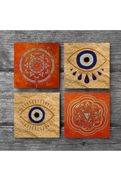 Pinecone Nazar, Sri Yantra, Mandala Taş Bardak Altlığı Seti - 4 Parça - Dekoratif, Rustik Mutfak Aksesuarı, 10x10 cm, Kaydırmaz Tabanlı, Şık ve Dayanıklı SC301