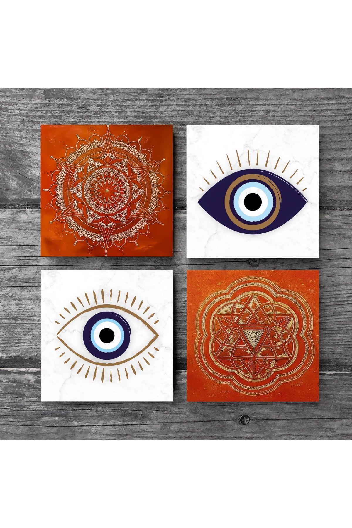 Pinecone Nazar, Sri Yantra, Mandala Taş Bardak Altlığı Seti - 4 Parça - Dekoratif, Rustik Mutfak Aksesuarı, 10x10 cm, Kaydırmaz Tabanlı, Şık ve Dayanıklı SC303