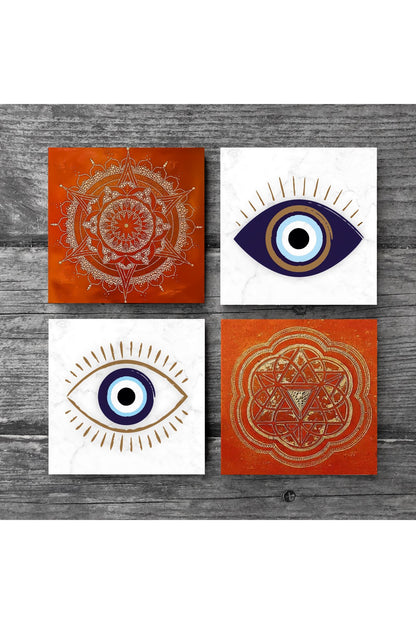 Pinecone Nazar, Sri Yantra, Mandala Taş Bardak Altlığı Seti - 4 Parça - Dekoratif, Rustik Mutfak Aksesuarı, 10x10 cm, Kaydırmaz Tabanlı, Şık ve Dayanıklı SC303