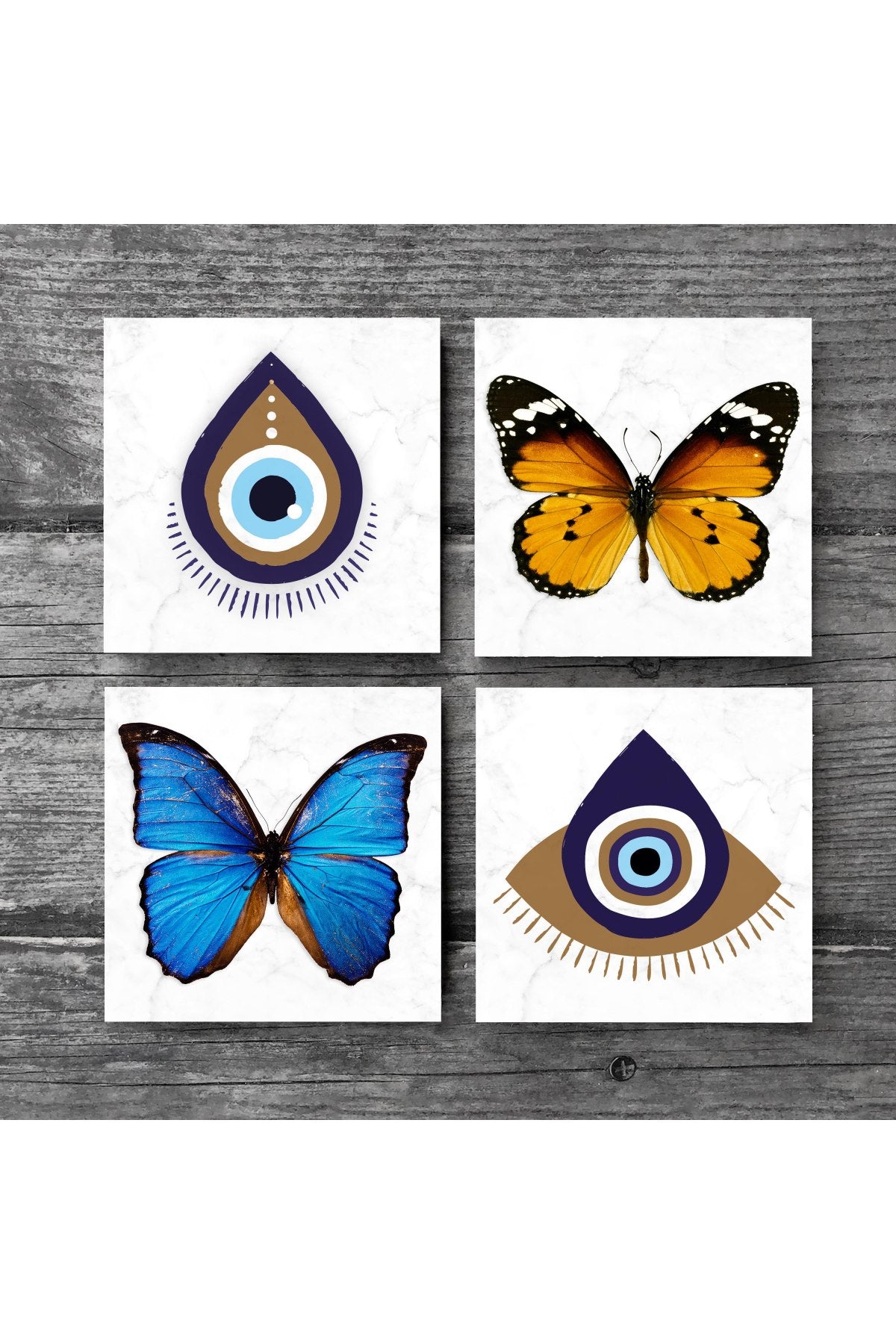 Pinecone Nazar, Kelebek Taş Bardak Altlığı Seti - 4 Parça - Dekoratif, Rustik Mutfak Aksesuarı, 10x10 cm, Kaydırmaz Tabanlı, Şık ve Dayanıklı SC309