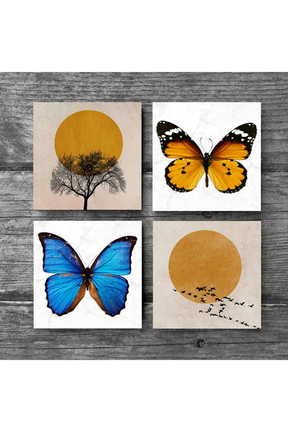 Pinecone Minimalist, Kelebek Taş Bardak Altlığı Seti - 4 Parça - Dekoratif, Rustik Mutfak Aksesuarı, 10x10 cm, Kaydırmaz Tabanlı, Şık ve Dayanıklı SC312