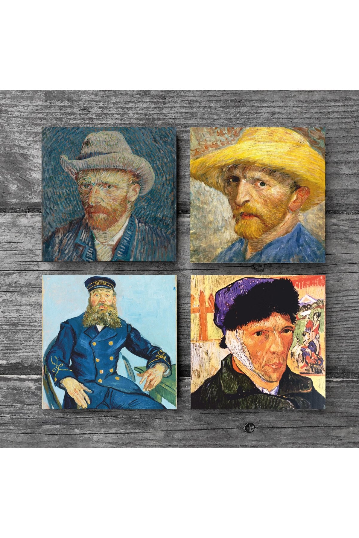 Pinecone Van Gogh Otoportre Taş Bardak Altlığı Seti - 4 Parça - Dekoratif, Rustik Mutfak Aksesuarı, 10x10 cm, Kaydırmaz Tabanlı, Şık ve Dayanıklı SC325