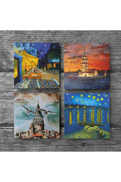 Pinecone Van Gogh Ren Nehri, Kafe Terasta Gece, İstanbul Galata Kulesi, Kız Kulesi Taş Bardak Altlığı Seti - 4 Parça - Dekoratif, Rustik Mutfak Aksesuarı, 10x10 cm, Kaydırmaz TabanlıSC327