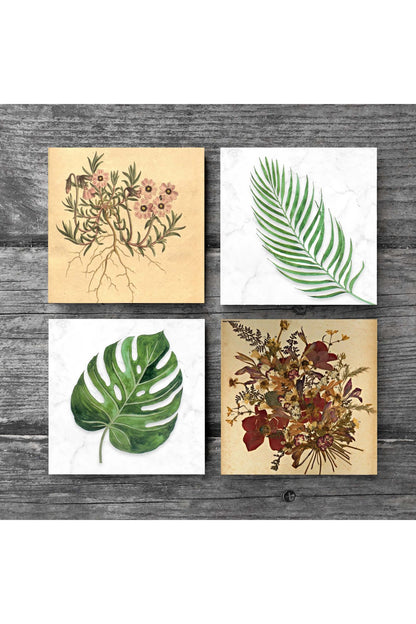 Pinecone Vintage Çiçek, Yaprak Taş Bardak Altlığı Seti - 4 Parça - Dekoratif, Rustik Mutfak Aksesuarı, 10x10 cm, Kaydırmaz Tabanlı, Şık ve Dayanıklı SC342