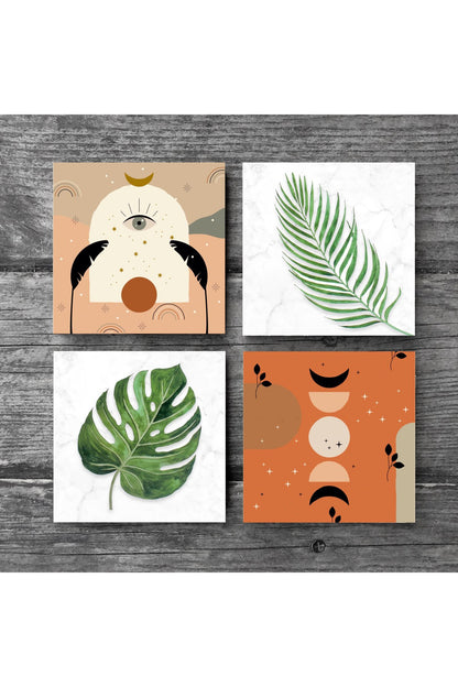 Pinecone Bohem, Yaprak Taş Bardak Altlığı Seti - 4 Parça - Dekoratif, Rustik Mutfak Aksesuarı, 10x10 cm, Kaydırmaz Tabanlı, Şık ve Dayanıklı SC346