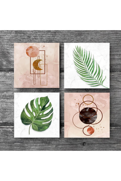 Pinecone Minimalist Soyut, Yaprak Taş Bardak Altlığı Seti - 4 Parça - Dekoratif, Rustik Mutfak Aksesuarı, 10x10 cm, Kaydırmaz Tabanlı, Şık ve Dayanıklı SC347