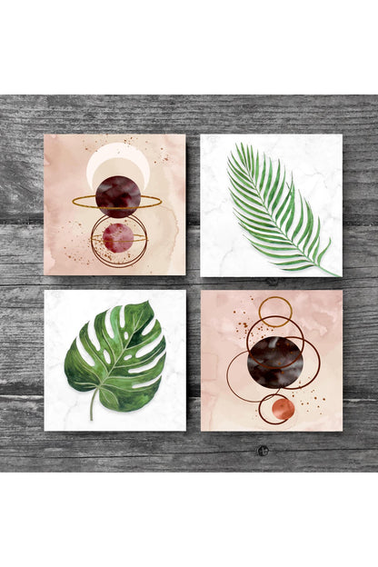 Pinecone Minimalist Soyut, Yaprak Taş Bardak Altlığı Seti - 4 Parça - Dekoratif, Rustik Mutfak Aksesuarı, 10x10 cm, Kaydırmaz Tabanlı, Şık ve Dayanıklı SC348