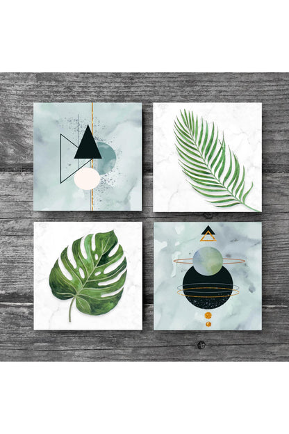 Pinecone Minimalist Soyut, Yaprak Taş Bardak Altlığı Seti - 4 Parça - Dekoratif, Rustik Mutfak Aksesuarı, 10x10 cm, Kaydırmaz Tabanlı, Şık ve Dayanıklı SC349