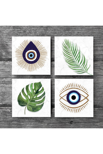 Pinecone Nazar, Yaprak Taş Bardak Altlığı Seti - 4 Parça - Dekoratif, Rustik Mutfak Aksesuarı, 10x10 cm, Kaydırmaz Tabanlı, Şık ve Dayanıklı SC353