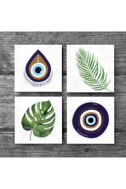 Pinecone Nazar, Yaprak Taş Bardak Altlığı Seti - 4 Parça - Dekoratif, Rustik Mutfak Aksesuarı, 10x10 cm, Kaydırmaz Tabanlı, Şık ve Dayanıklı SC356