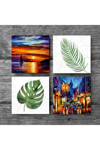 Pinecone Yaprak, Deniz Manzarası, Sokak Manzarası Taş Bardak Altlığı Seti - 4 Parça - Dekoratif, Rustik Mutfak Aksesuarı, 10x10 cm, Kaydırmaz Tabanlı, Şık ve Dayanıklı SC365