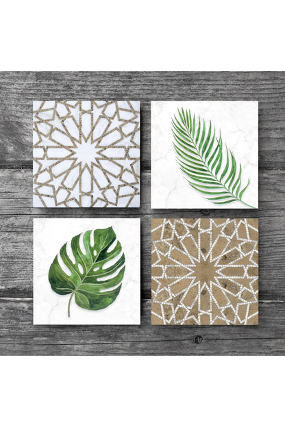 Pinecone Etnik Desen, Yaprak Taş Bardak Altlığı Seti - 4 Parça - Dekoratif, Rustik Mutfak Aksesuarı, 10x10 cm, Kaydırmaz Tabanlı, Şık ve Dayanıklı SC368