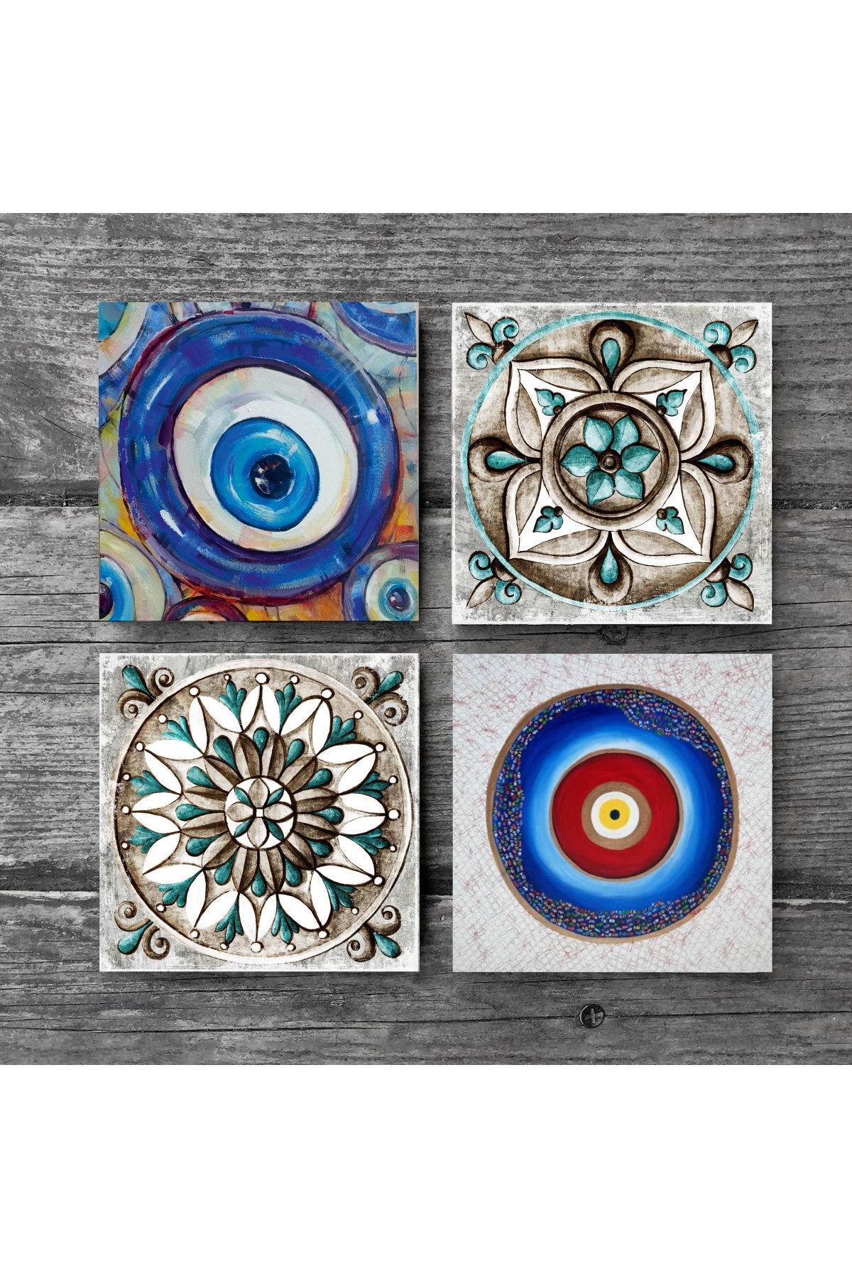Pinecone Nazar, Çini Sanatı Taş Bardak Altlığı Seti - 4 Parça - Dekoratif, Rustik Mutfak Aksesuarı, 10x10 cm, Kaydırmaz Tabanlı, Şık ve Dayanıklı SC373