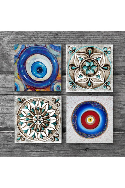 Pinecone Nazar, Çini Sanatı Taş Bardak Altlığı Seti - 4 Parça - Dekoratif, Rustik Mutfak Aksesuarı, 10x10 cm, Kaydırmaz Tabanlı, Şık ve Dayanıklı SC373