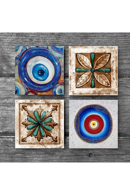 Pinecone Nazar, Fas Desenli Vintage Taş Bardak Altlığı Seti - 4 Parça - Dekoratif, Rustik Mutfak Aksesuarı, 10x10 cm, Kaydırmaz Tabanlı, Şık ve Dayanıklı SC374