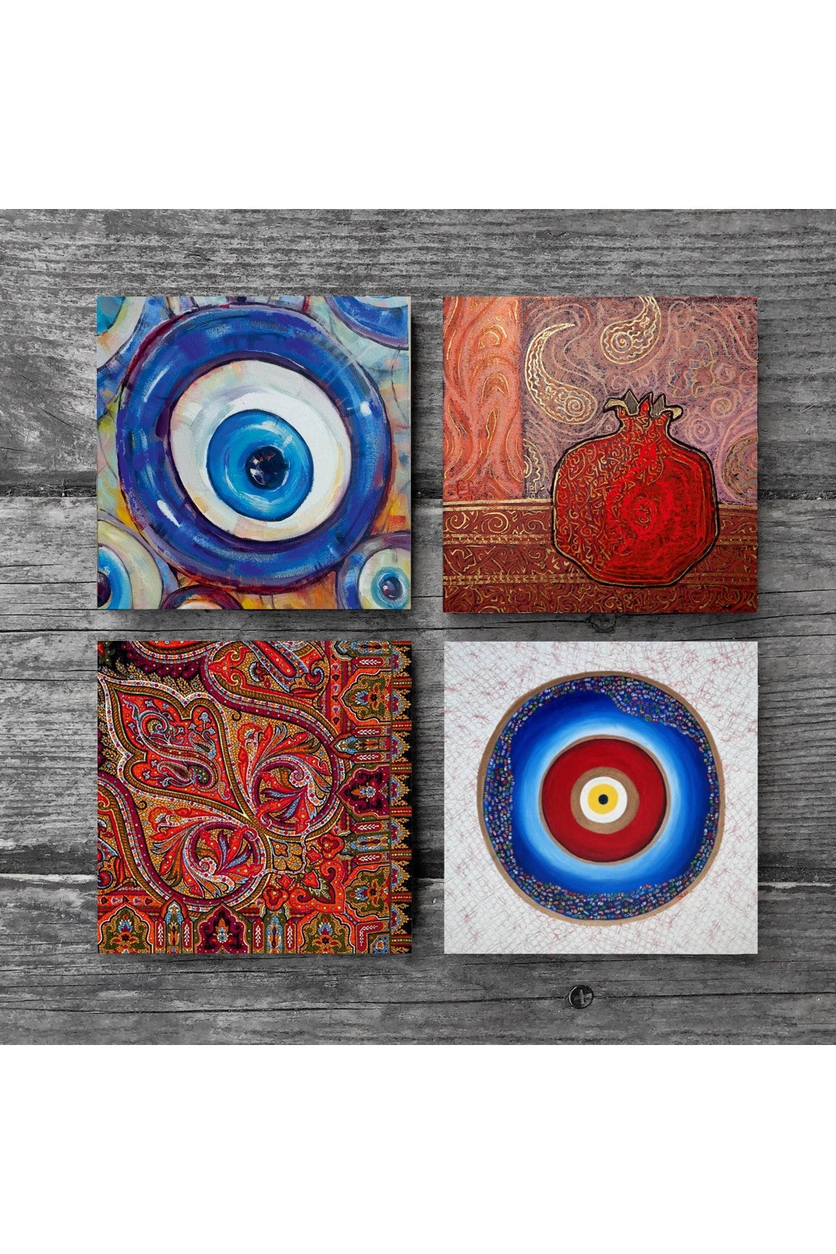 Pinecone Nazar, Desen, Nar Taş Bardak Altlığı Seti - 4 Parça - Dekoratif, Rustik Mutfak Aksesuarı, 10x10 cm, Kaydırmaz Tabanlı, Şık ve Dayanıklı SC375