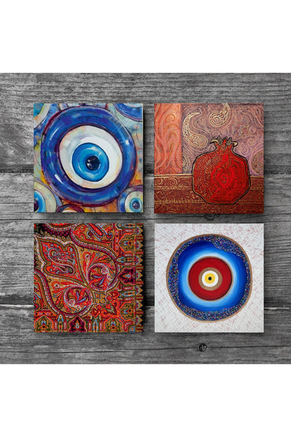 Pinecone Nazar, Desen, Nar Taş Bardak Altlığı Seti - 4 Parça - Dekoratif, Rustik Mutfak Aksesuarı, 10x10 cm, Kaydırmaz Tabanlı, Şık ve Dayanıklı SC375