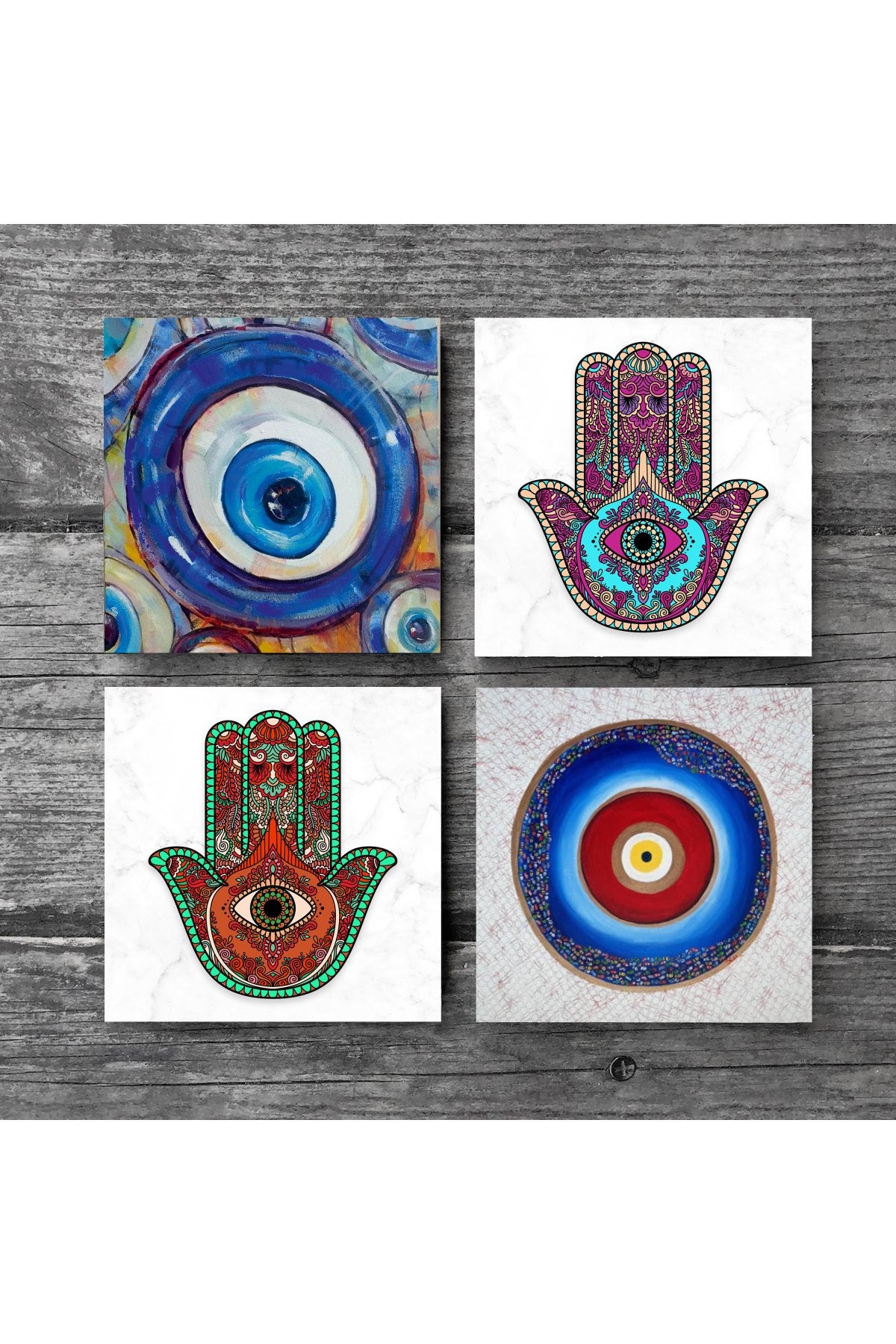 Pinecone Nazar, Fatma Ana Eli (Hamsa) Taş Bardak Altlığı Seti - 4 Parça - Dekoratif, Rustik Mutfak Aksesuarı, 10x10 cm, Kaydırmaz Tabanlı, Şık ve Dayanıklı SC376