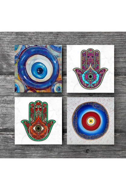 Pinecone Nazar, Fatma Ana Eli (Hamsa) Taş Bardak Altlığı Seti - 4 Parça - Dekoratif, Rustik Mutfak Aksesuarı, 10x10 cm, Kaydırmaz Tabanlı, Şık ve Dayanıklı SC376