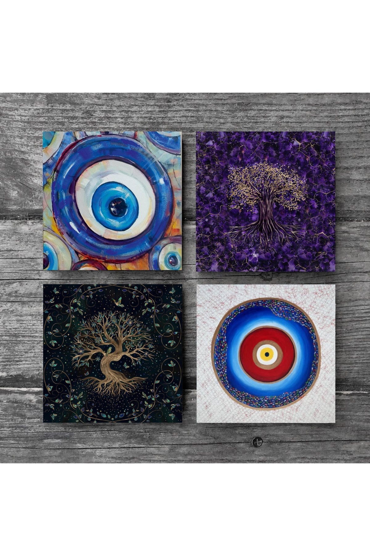 Pinecone Nazar, Hayat Ağacı Taş Bardak Altlığı Seti - 4 Parça - Dekoratif, Rustik Mutfak Aksesuarı, 10x10 cm, Kaydırmaz Tabanlı, Şık ve Dayanıklı SC378