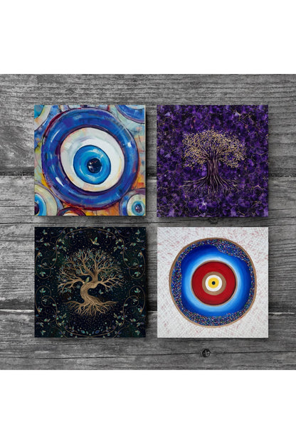 Pinecone Nazar, Hayat Ağacı Taş Bardak Altlığı Seti - 4 Parça - Dekoratif, Rustik Mutfak Aksesuarı, 10x10 cm, Kaydırmaz Tabanlı, Şık ve Dayanıklı SC378