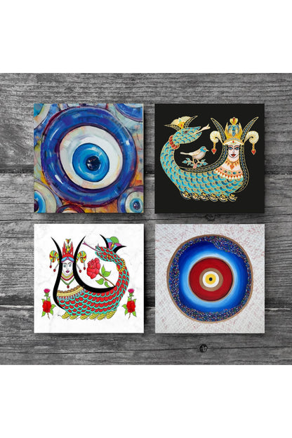 Pinecone Nazar, Şahmeran Taş Bardak Altlığı Seti - 4 Parça - Dekoratif, Rustik Mutfak Aksesuarı, 10x10 cm, Kaydırmaz Tabanlı, Şık ve Dayanıklı SC380