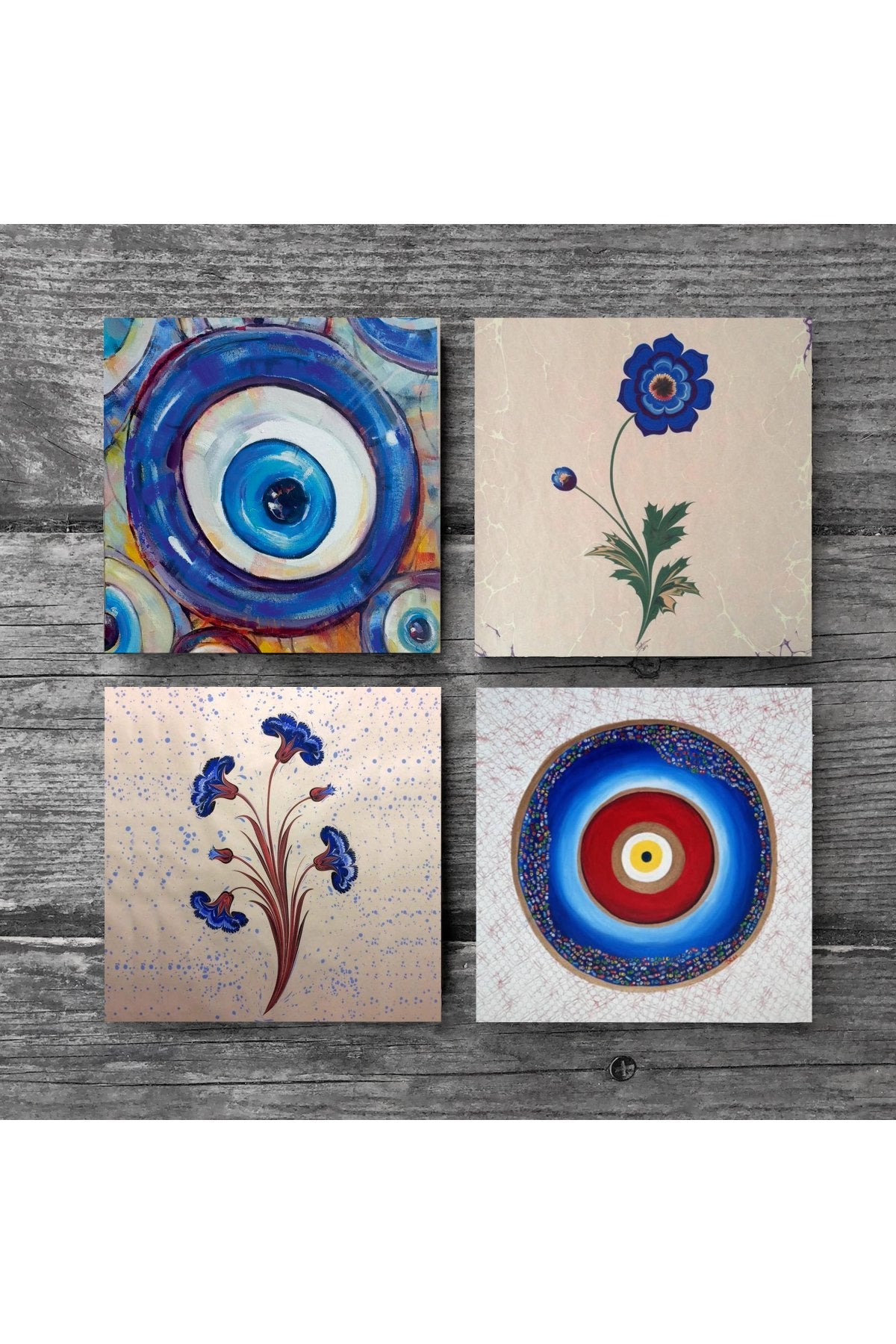 Pinecone Nazar, Ebru Sanatı Taş Bardak Altlığı Seti - 4 Parça - Dekoratif, Rustik Mutfak Aksesuarı, 10x10 cm, Kaydırmaz Tabanlı, Şık ve Dayanıklı SC381