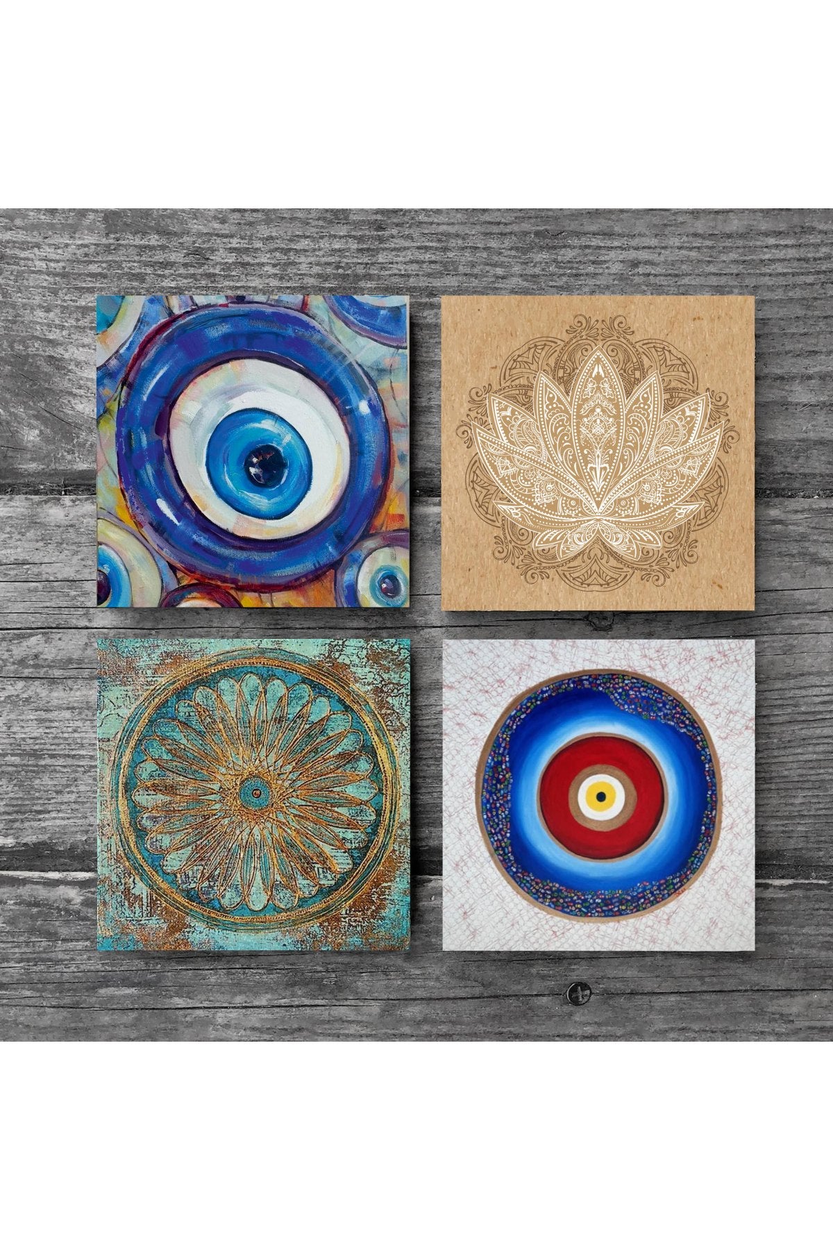 Pinecone Nazar, Yaşam Çiçeği, Lotus Çiçeği Taş Bardak Altlığı Seti - 4 Parça - Dekoratif, Rustik Mutfak Aksesuarı, 10x10 cm, Kaydırmaz Tabanlı, Şık ve Dayanıklı SC387