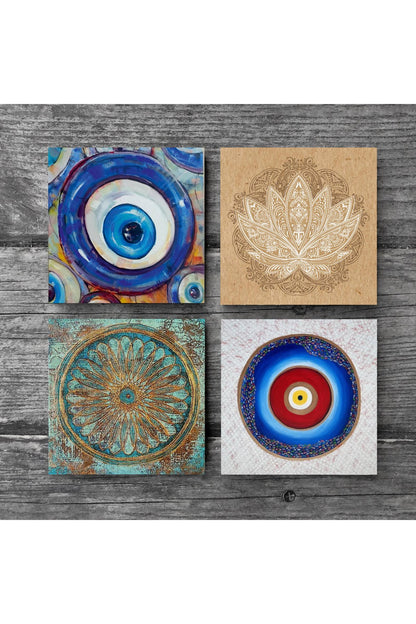 Pinecone Nazar, Yaşam Çiçeği, Lotus Çiçeği Taş Bardak Altlığı Seti - 4 Parça - Dekoratif, Rustik Mutfak Aksesuarı, 10x10 cm, Kaydırmaz Tabanlı, Şık ve Dayanıklı SC387