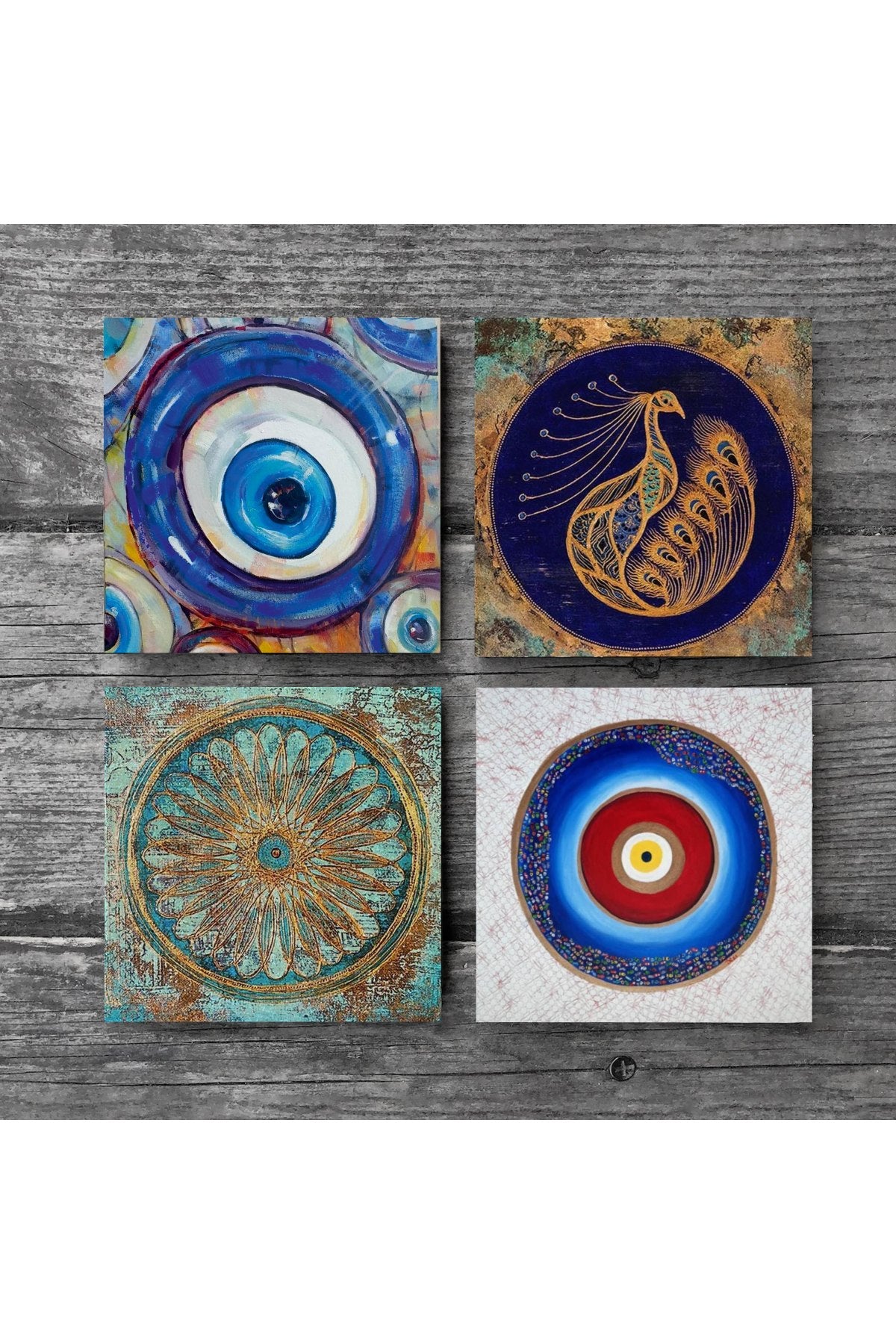 Pinecone Nazar, Tavus Kuşu, Yaşam Çiçeği Taş Bardak Altlığı Seti - 4 Parça - Dekoratif, Rustik Mutfak Aksesuarı, 10x10 cm, Kaydırmaz Tabanlı, Şık ve Dayanıklı SC388