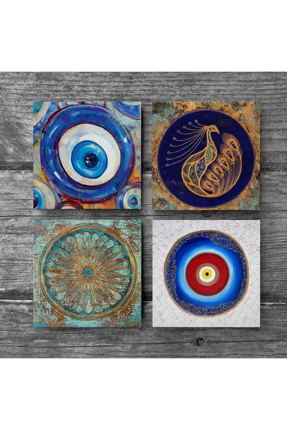 Pinecone Nazar, Tavus Kuşu, Yaşam Çiçeği Taş Bardak Altlığı Seti - 4 Parça - Dekoratif, Rustik Mutfak Aksesuarı, 10x10 cm, Kaydırmaz Tabanlı, Şık ve Dayanıklı SC388