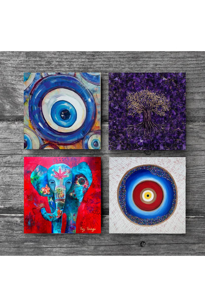 Pinecone Nazar, Hayat Ağacı, Fil Taş Bardak Altlığı Seti - 4 Parça - Dekoratif, Rustik Mutfak Aksesuarı, 10x10 cm, Kaydırmaz Tabanlı, Şık ve Dayanıklı SC398