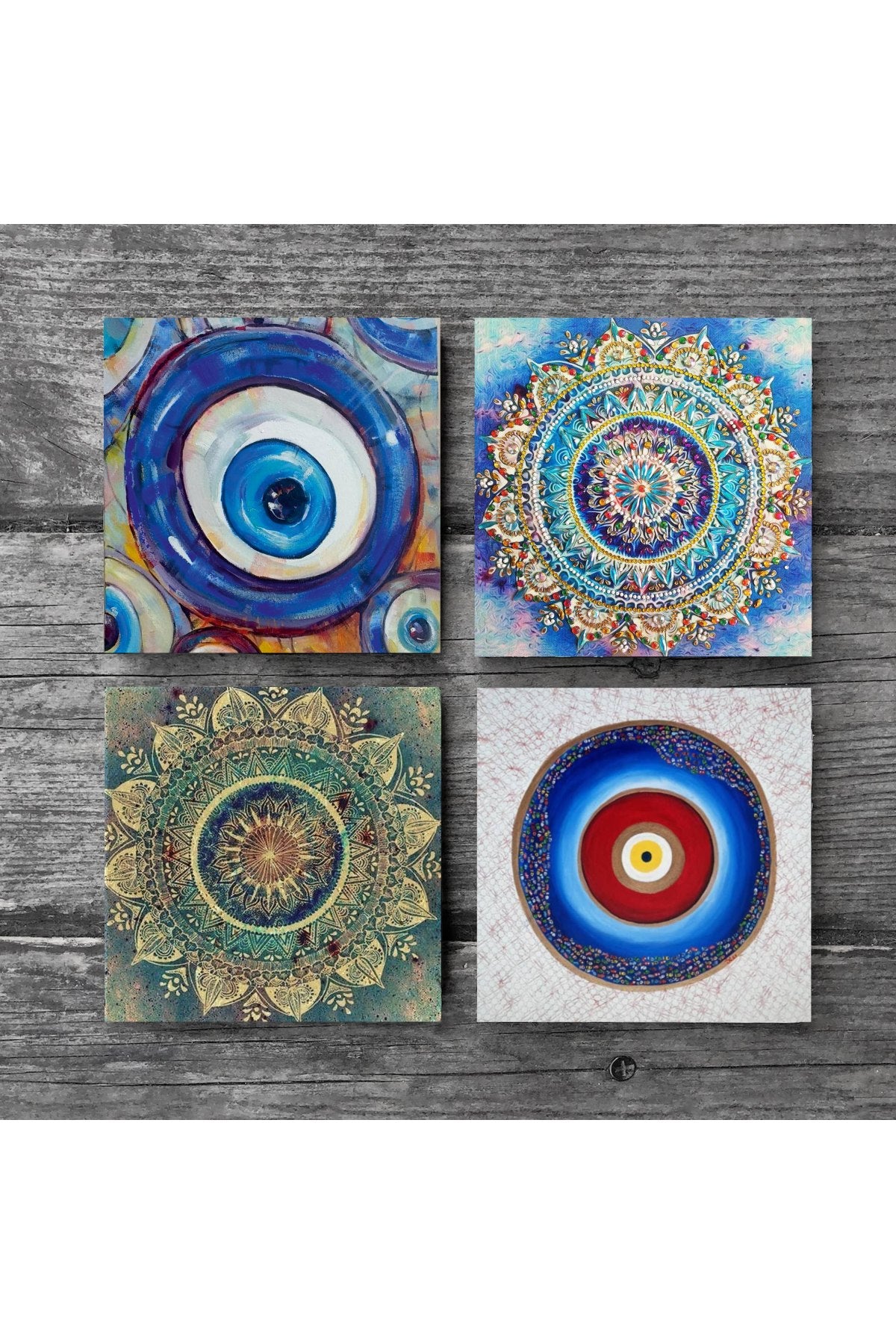 Pinecone Nazar, Mandala Taş Bardak Altlığı Seti - 4 Parça - Dekoratif, Rustik Mutfak Aksesuarı, 10x10 cm, Kaydırmaz Tabanlı, Şık ve Dayanıklı SC399
