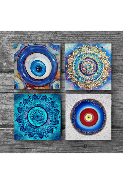 Pinecone Nazar, Mandala Taş Bardak Altlığı Seti - 4 Parça - Dekoratif, Rustik Mutfak Aksesuarı, 10x10 cm, Kaydırmaz Tabanlı, Şık ve Dayanıklı SC400