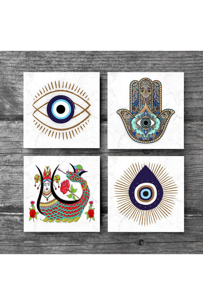 Pinecone Nazar, Şahmeran, Fatma Ana Eli (Hamsa) Taş Bardak Altlığı Seti - 4 Parça - Dekoratif, Rustik Mutfak Aksesuarı, 10x10 cm, Kaydırmaz Tabanlı, Şık ve Dayanıklı SC404