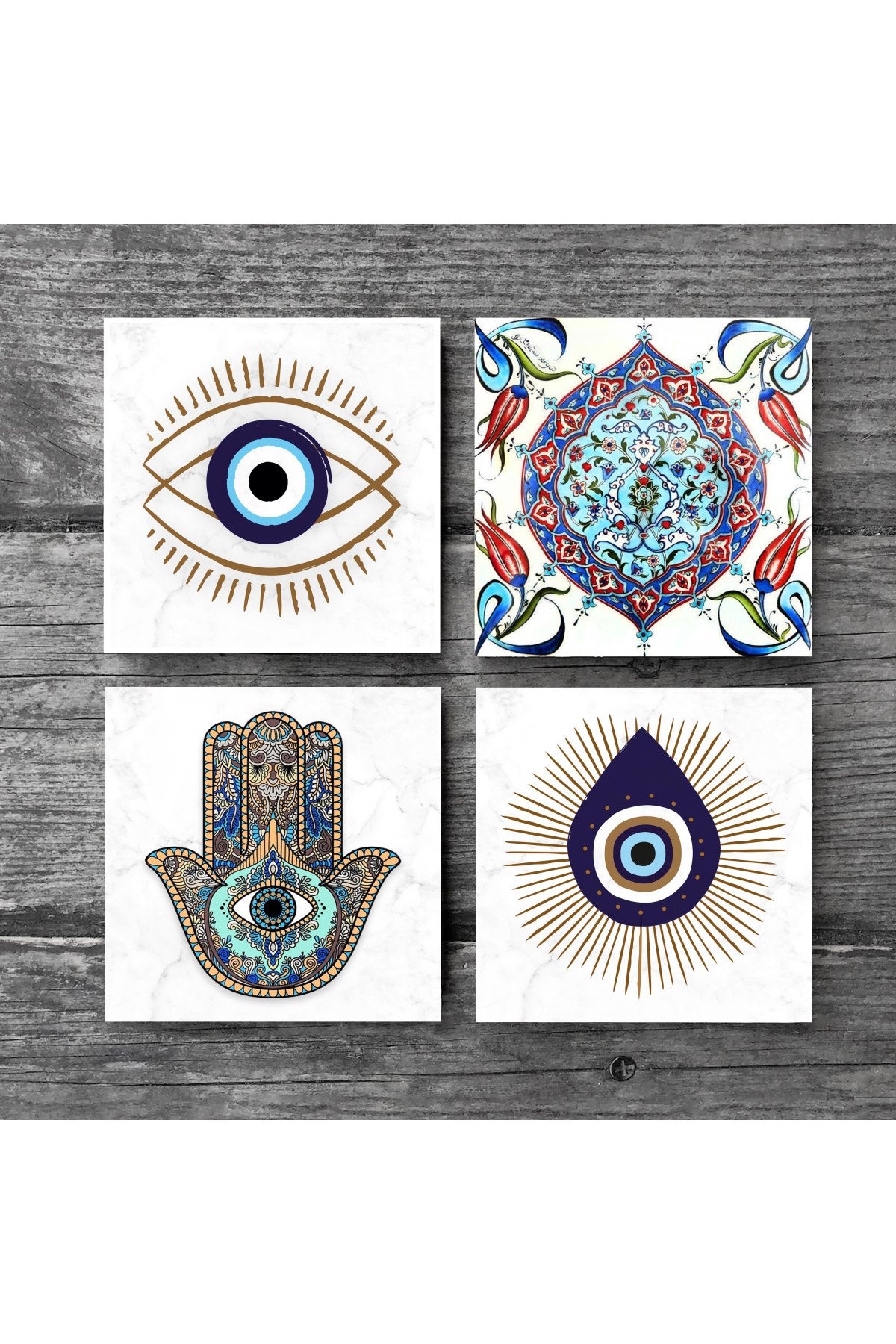 Pinecone Nazar, Çini Sanatı, Fatma Ana Eli (Hamsa) Taş Bardak Altlığı Seti - 4 Parça - Dekoratif, Rustik Mutfak Aksesuarı, 10x10 cm, Kaydırmaz Tabanlı, Şık ve Dayanıklı SC410