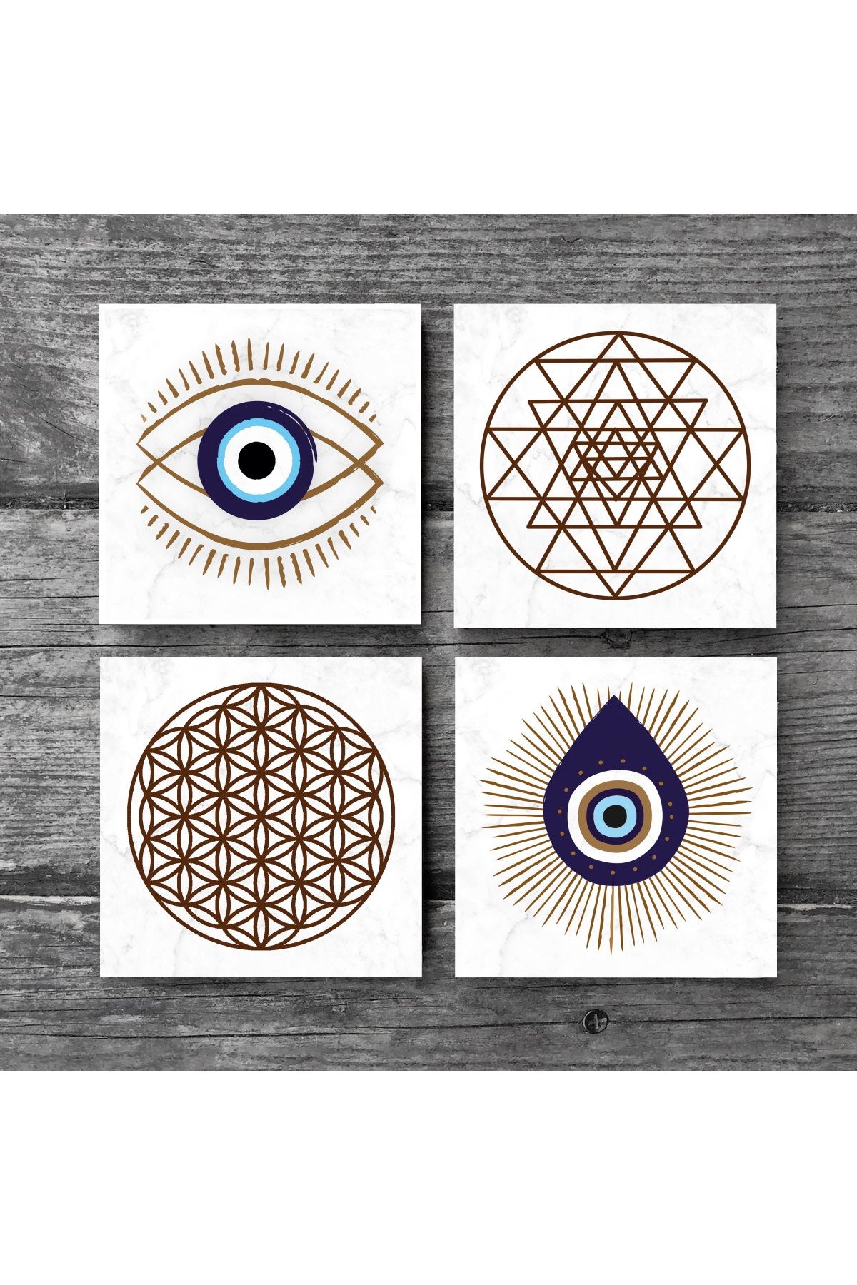 Pinecone Nazar, Yaşam Çiçeği, Sri Yantra Taş Bardak Altlığı Seti - 4 Parça - Dekoratif, Rustik Mutfak Aksesuarı, 10x10 cm, Kaydırmaz Tabanlı, Şık ve Dayanıklı SC413